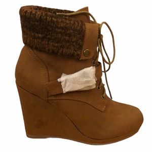 Beige/cognac colored wedge booties, NWT